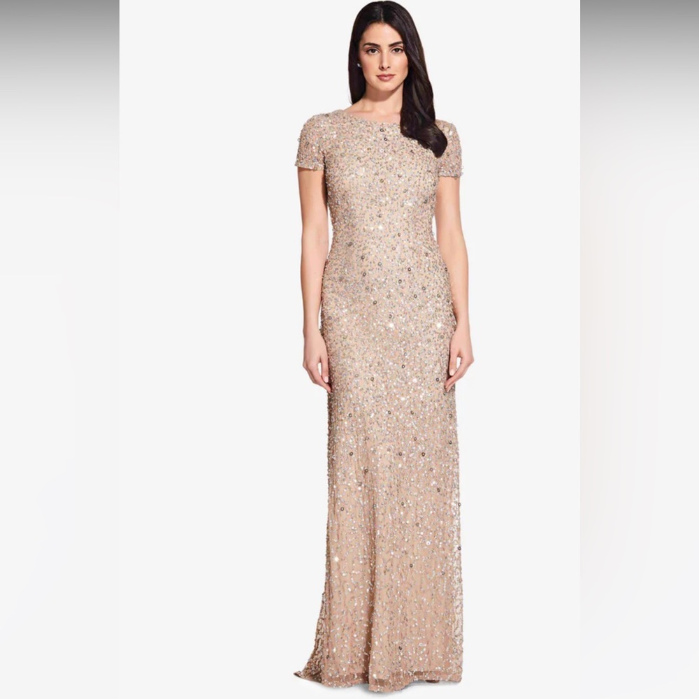 EUC Adrianna Papell Short Sleeve Sequin Mesh Gown champagne [SZ 8]